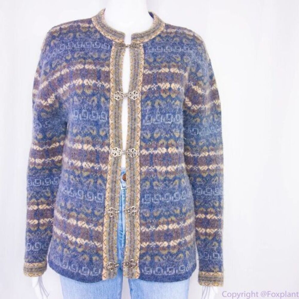 Cambridge Dry Goods flawed vintage 100% wool fair isle cardigan sweater, M